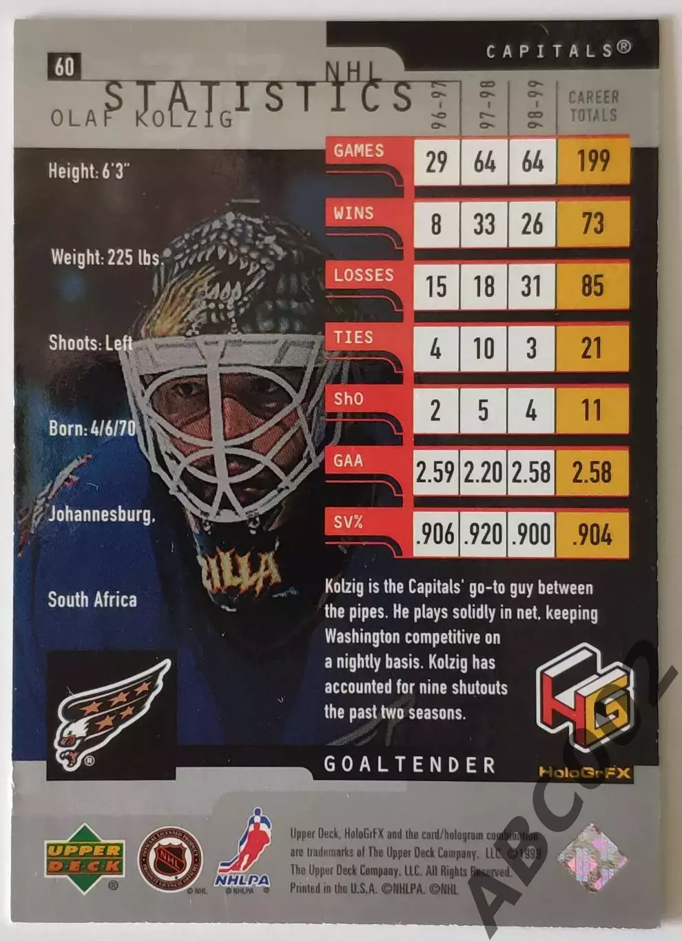 Карточка НХЛ / Olaf Kolzig / Capitals / HoloGrFX 1
