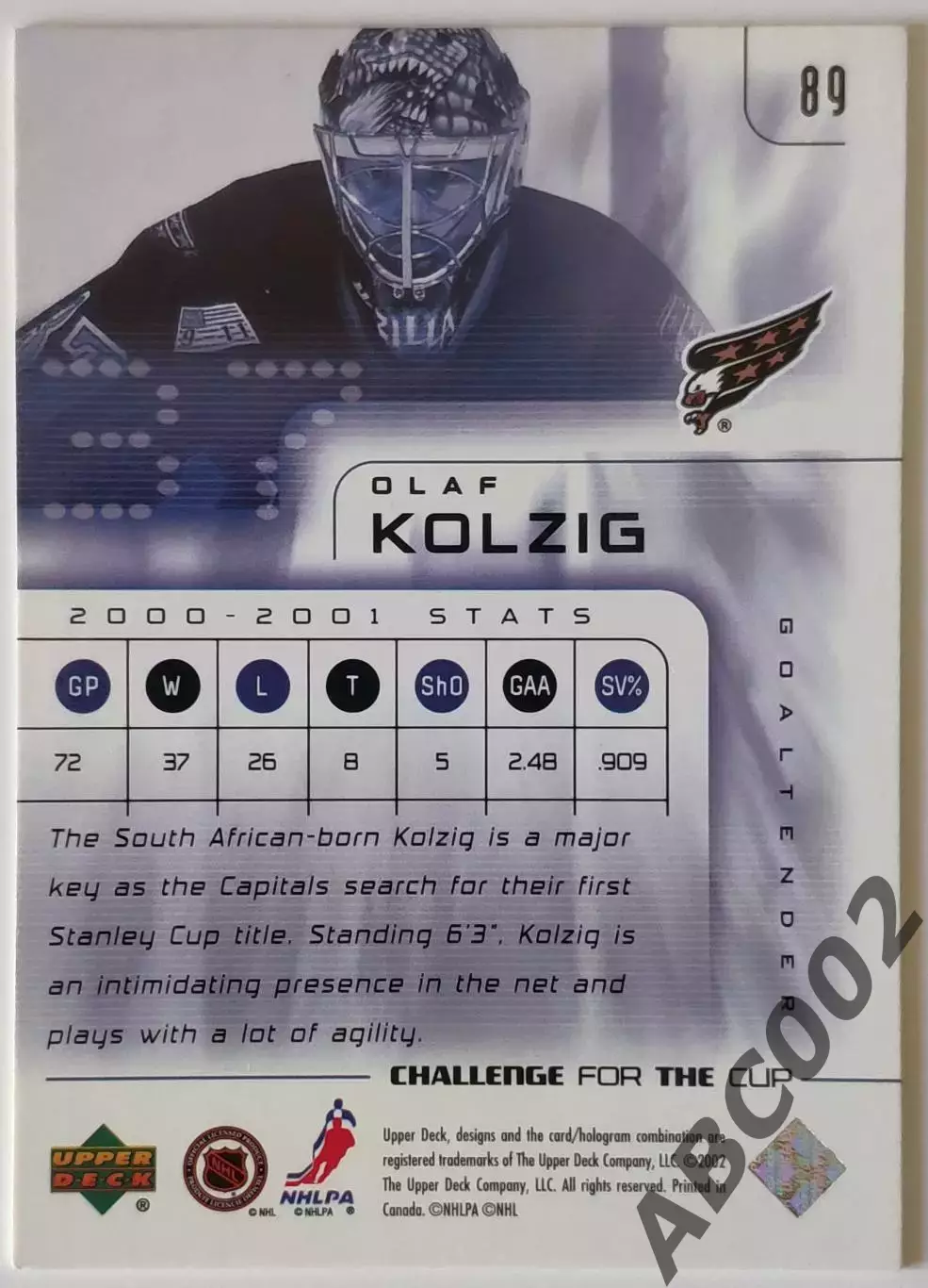 Карточка НХЛ / Olaf Kolzig / Capitals / Challenge for the Cup 1