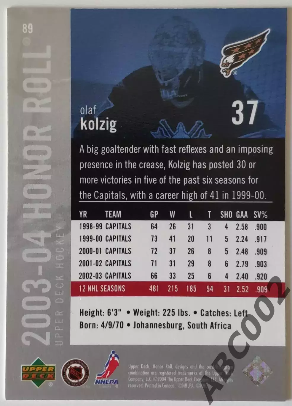 Карточка НХЛ / Olaf Kolzig / Capitals / Honor Roll 1
