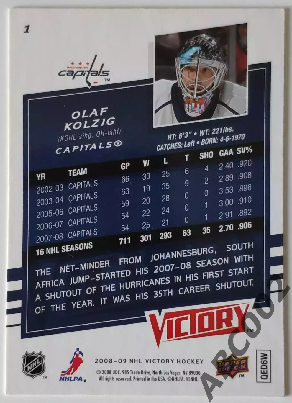Карточка НХЛ / Olaf Kolzig / Capitals / Victory 1