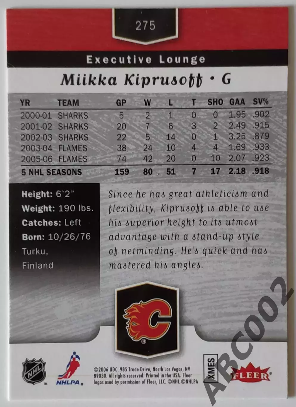 Карточка НХЛ / Mikka Kiprusoff / Flames / Flair Showcase 1