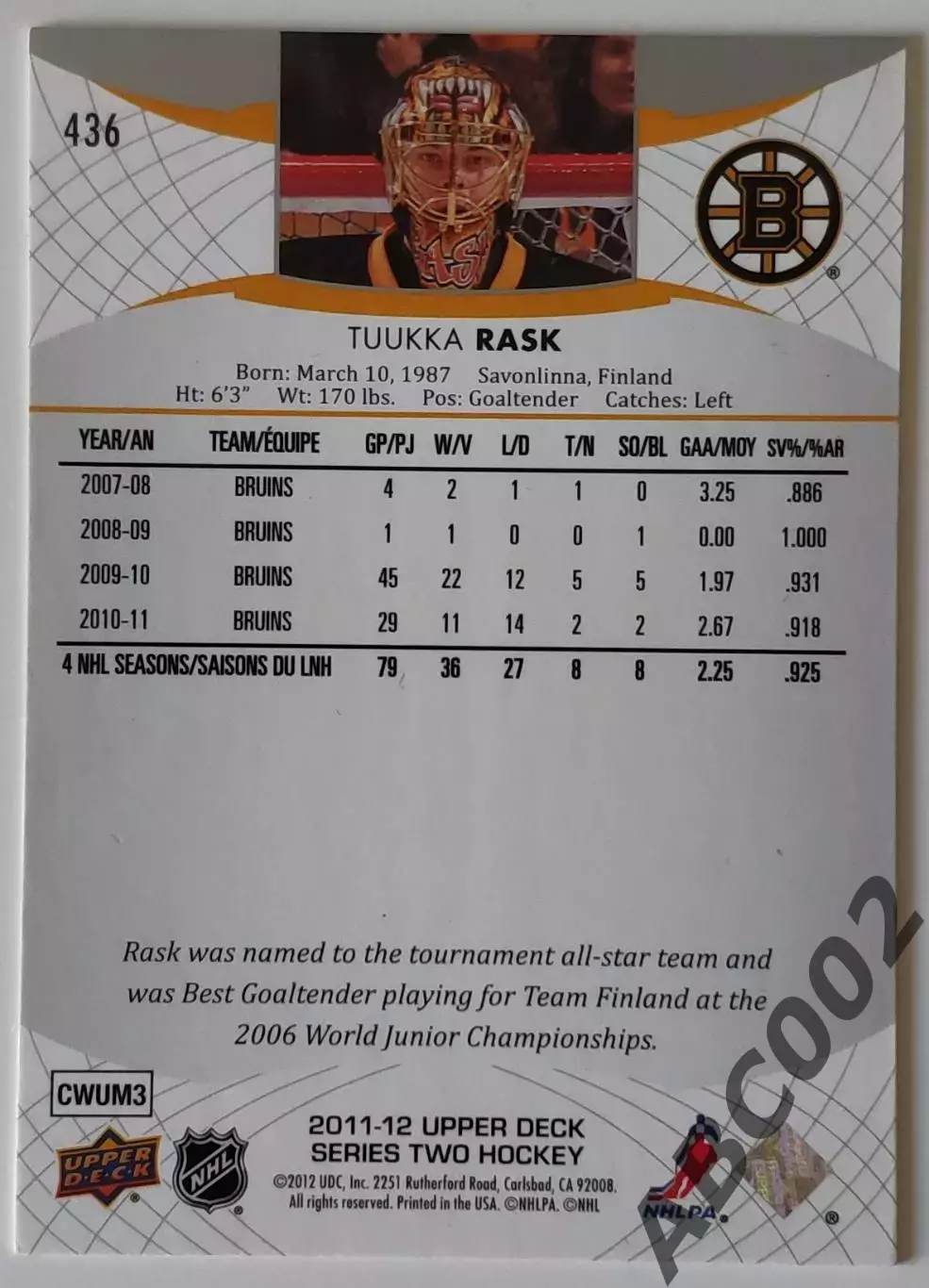 Карточка НХЛ / Tuuka Rask / Bruins / Series 2 1