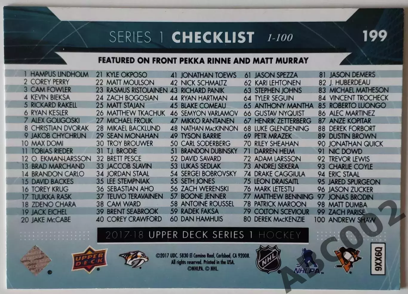 Карточка НХЛ /Checklist Series 1 / 1-100 / Upper Deck 1