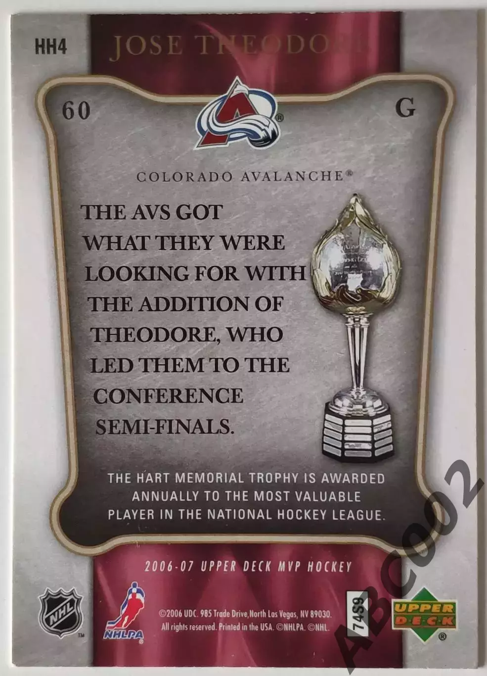 Карточка НХЛ / Jose Theodore / Colorado / Gotta Have Hart MVP 1