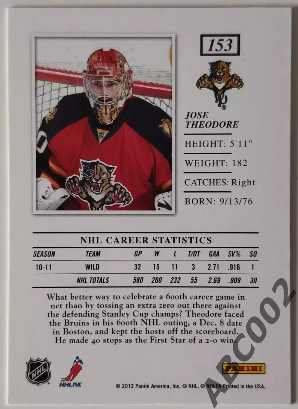 Карточка НХЛ / Jose Theodore / Panthers / Elite 1
