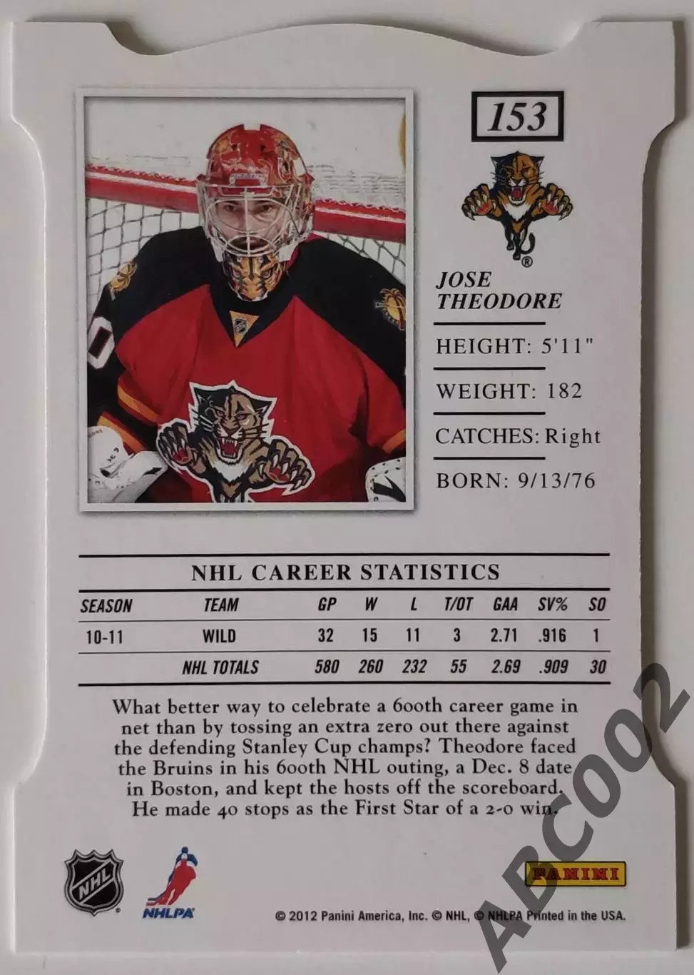 Карточка НХЛ / Jose Theodore / Panthers / Elite Red 1