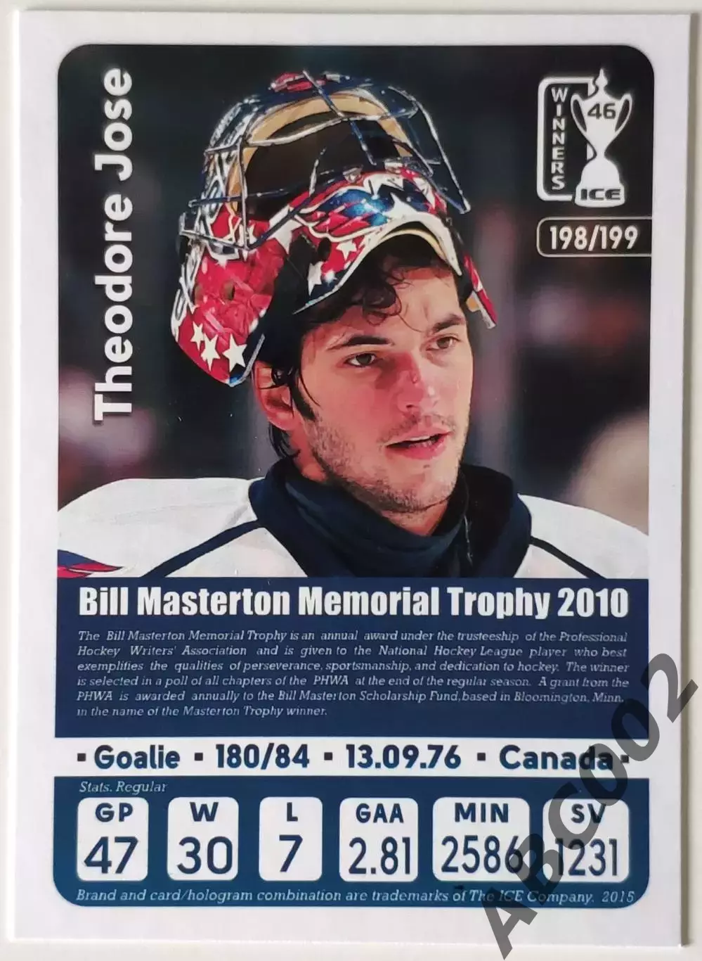 Карточка НХЛ / Jose Theodore / Capitals / Bill Masterton Trophy 1