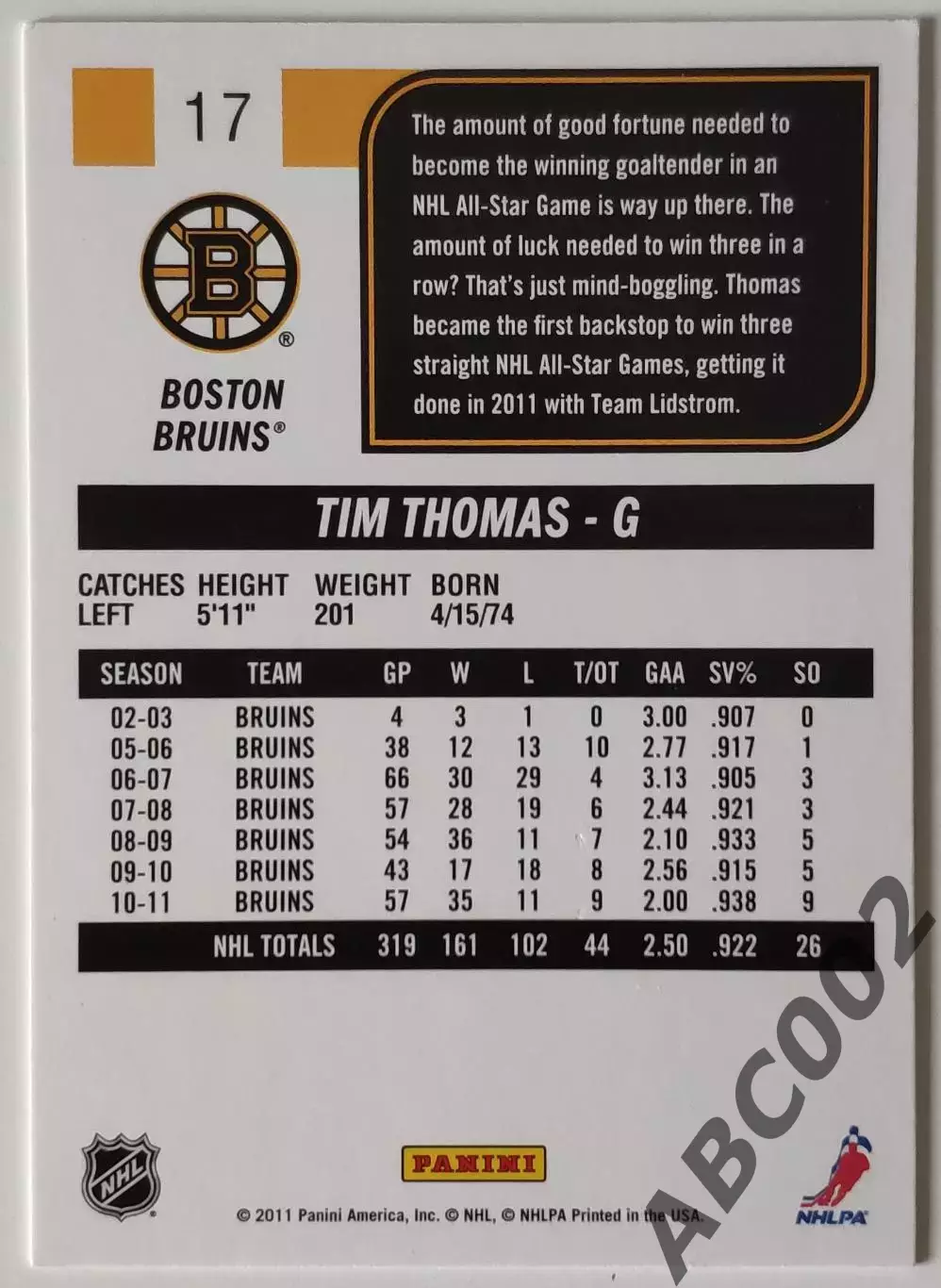 Карточка НХЛ / Tim Thomas / Bruins / Score 1