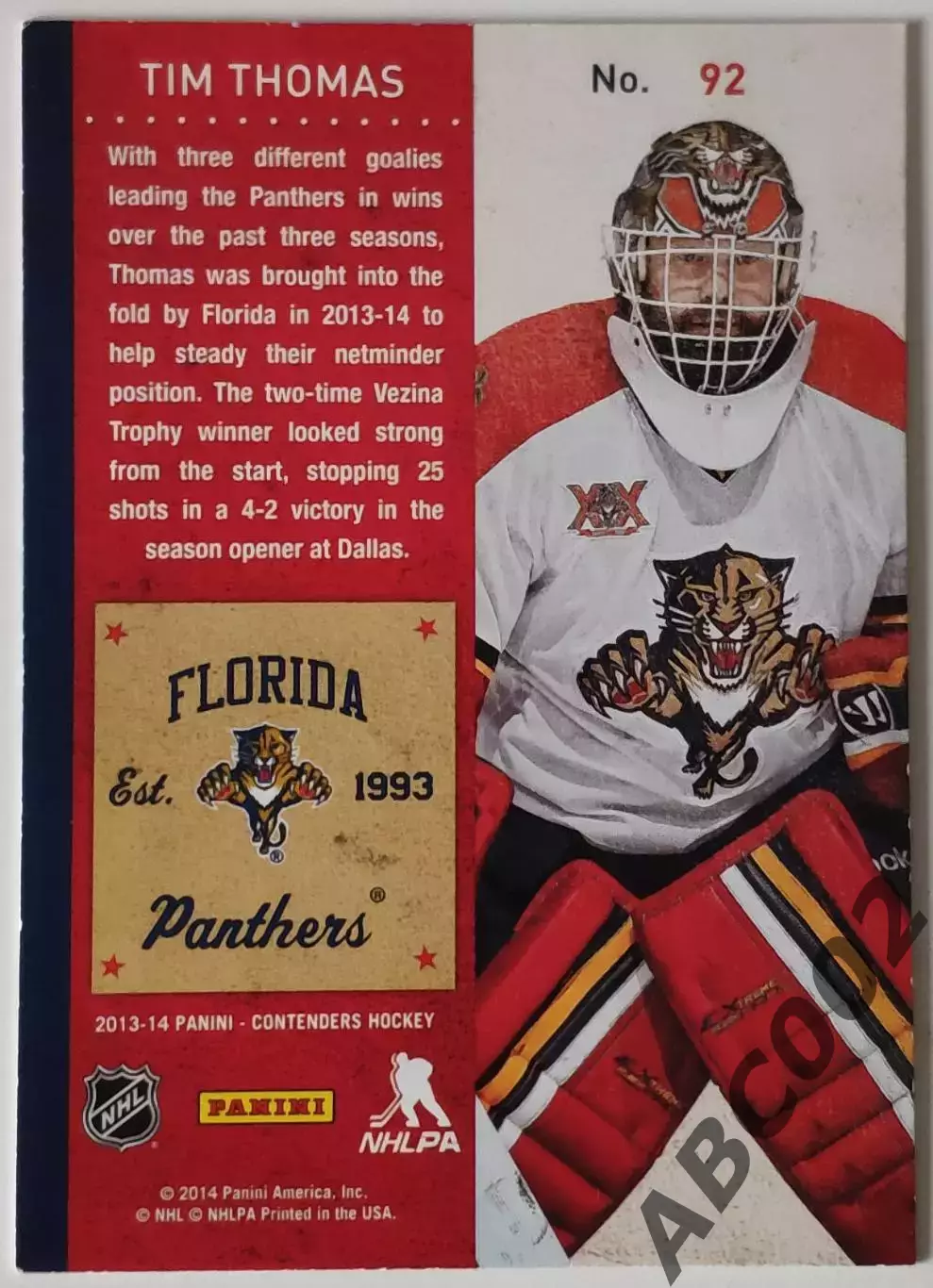 Карточка НХЛ / Tim Thomas / Panthers / Contenders 1