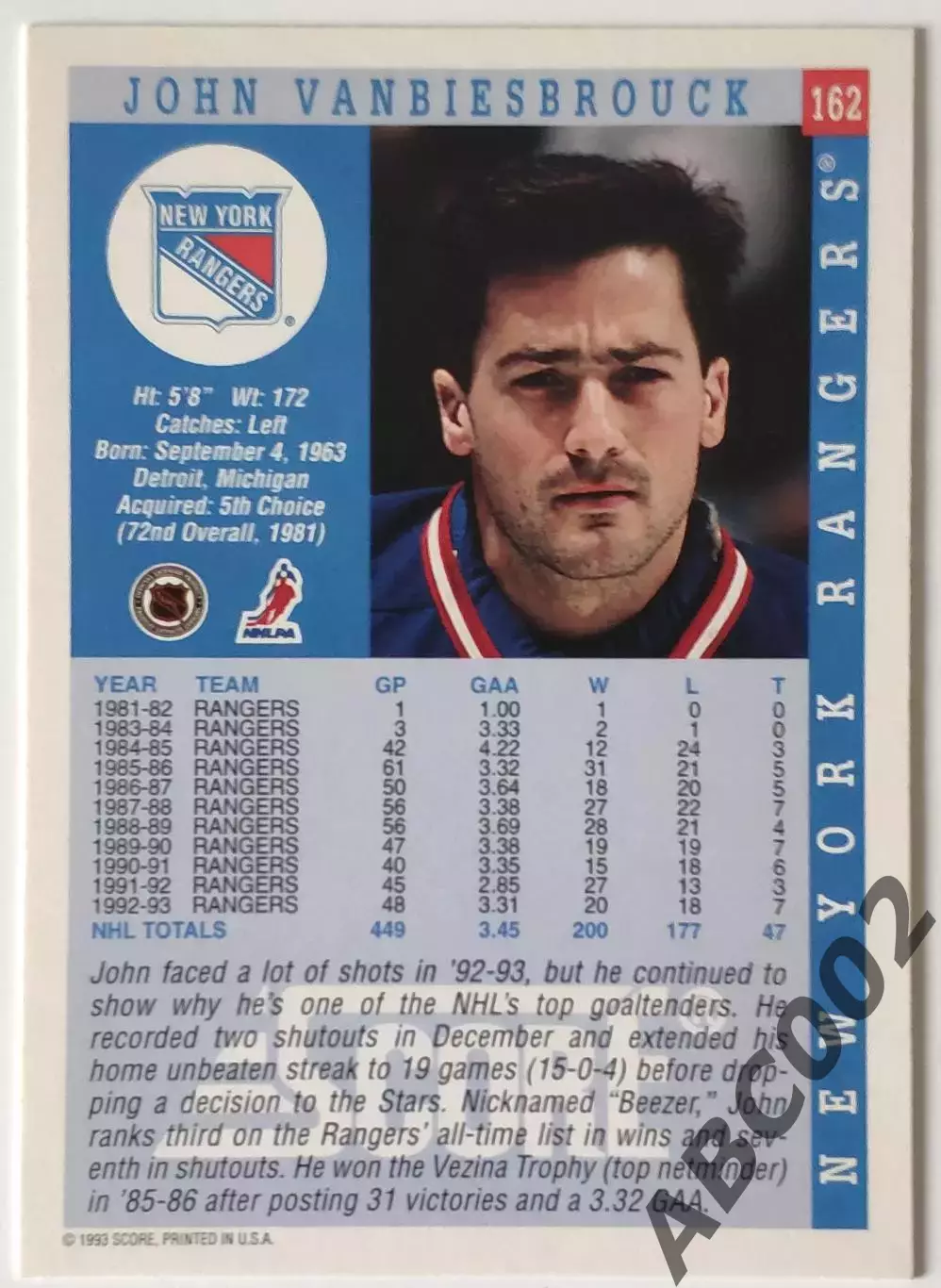 Карточка НХЛ / John Vanbiesbrouck / Rangers / Score 1