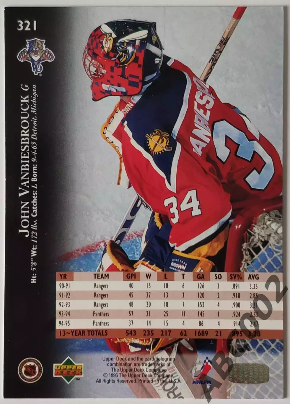 Карточка НХЛ / John Vanbiesbrouck / Panthers / Electric Ice 1