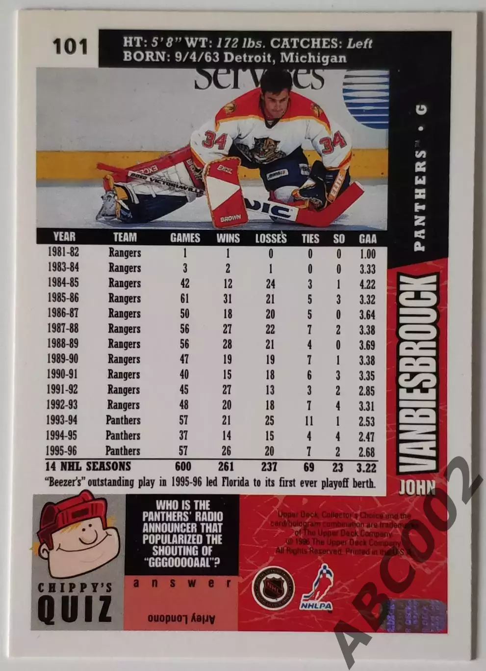Карточка НХЛ / John Vanbiesbrouck / Panthers / Collector's Choise 1