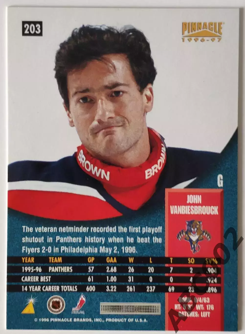 Карточка НХЛ / John Vanbiesbrouck / Panthers / Pinnacle 1