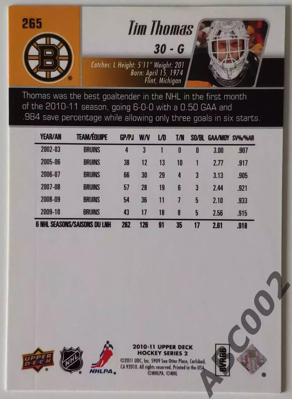 Карточка НХЛ / Tim Thomas / Bruins / Series 2 1