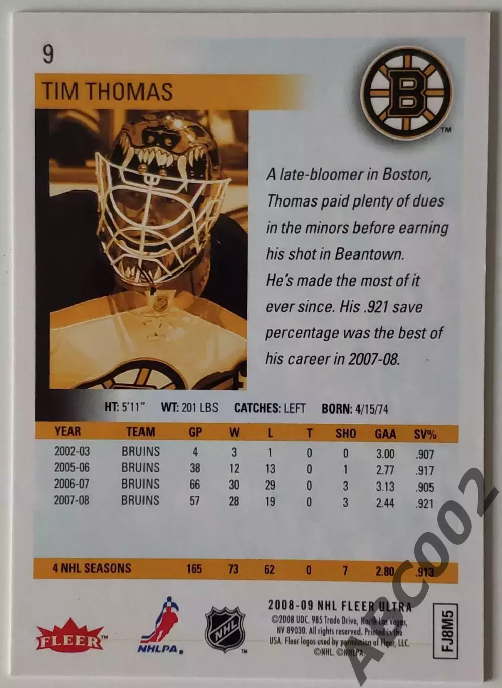 Карточка НХЛ / Tim Thomas / Bruins / Fleer 1