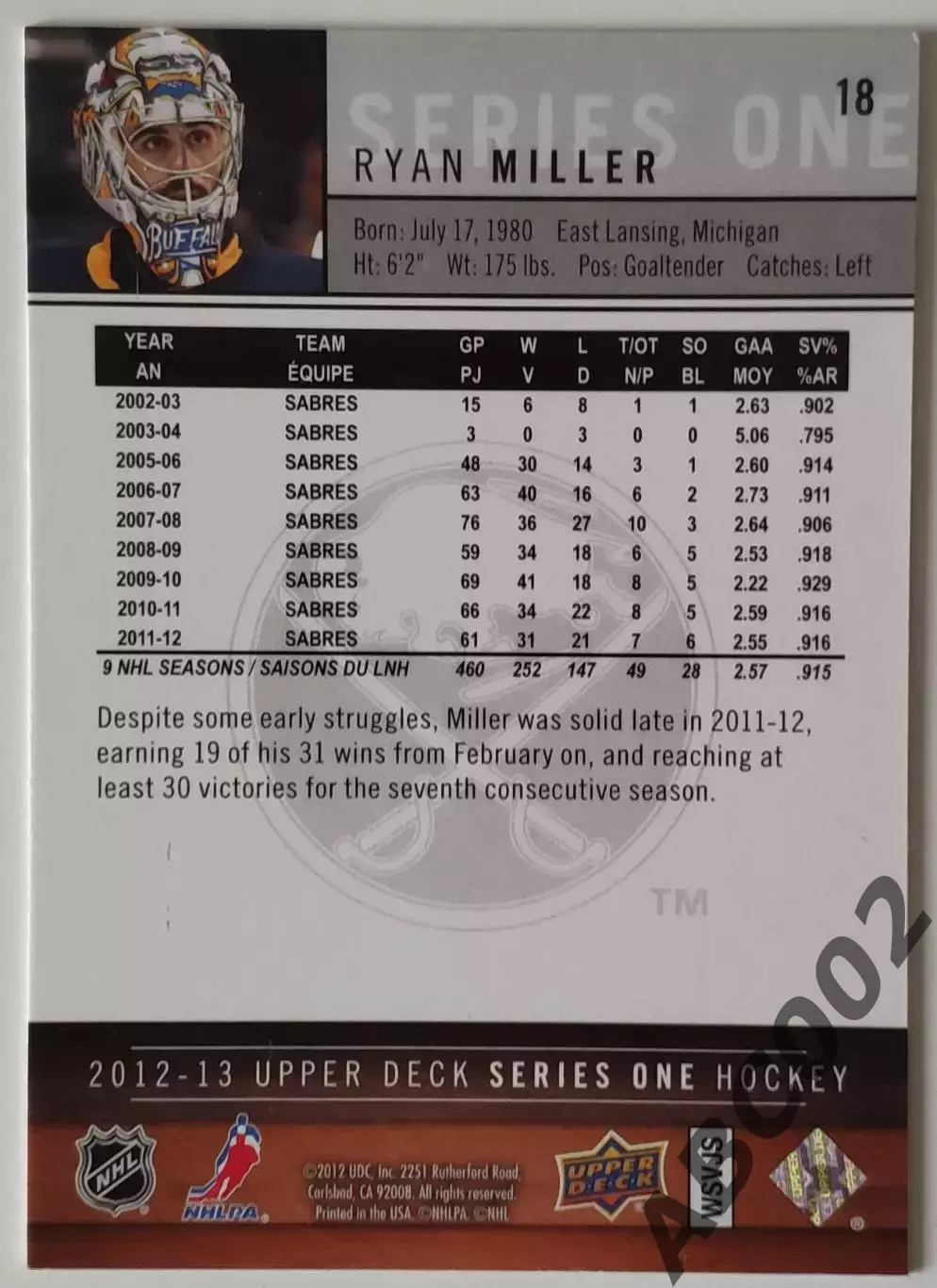 Карточка НХЛ / Ryan Miller / Sabres / Series 1 1