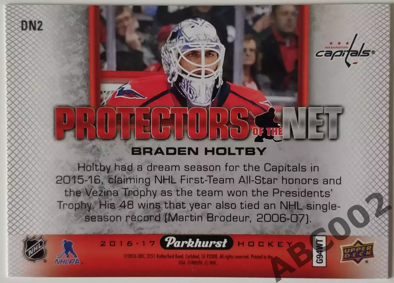 Карточка НХЛ / Braden Holtby / Capitals / Parkhurst 1