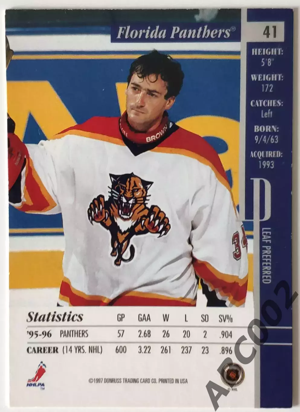 Карточка НХЛ / John Vanbiesbrouck / Panthers / Leaf Preferred 1