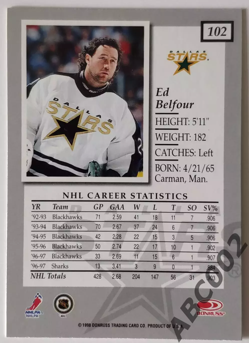 Карточка НХЛ / Ed Belfour / Dallas Stars / Donruss Elite 1