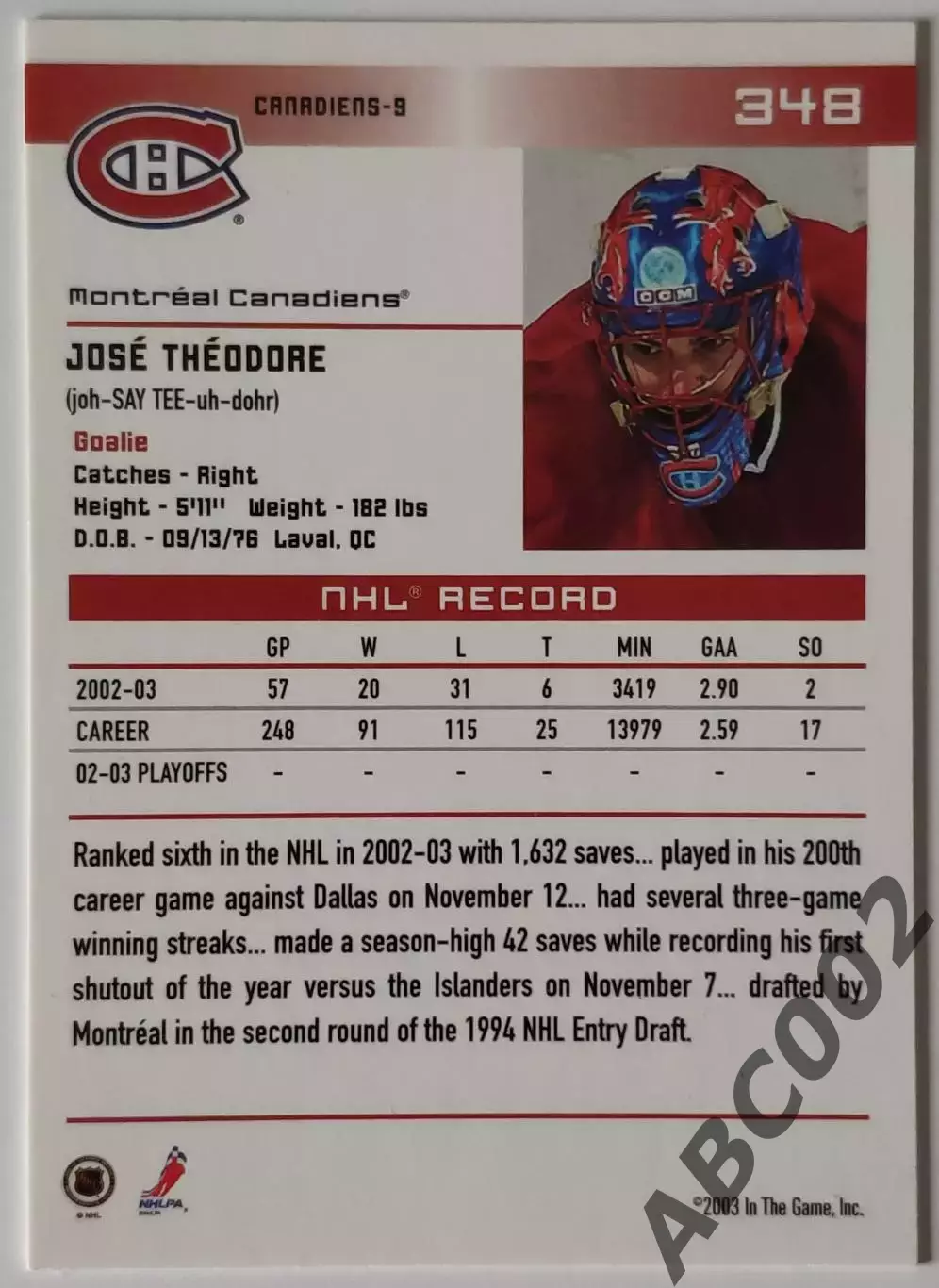 Карточка НХЛ / Jose Theodore / Canadiens / In The Game Action 1