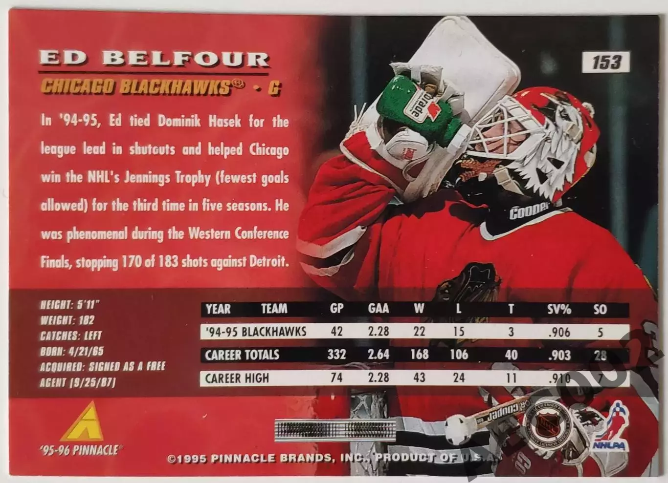 Карточка НХЛ / Ed Belfour / Blackhawks / 95-96 Pinnacle 1