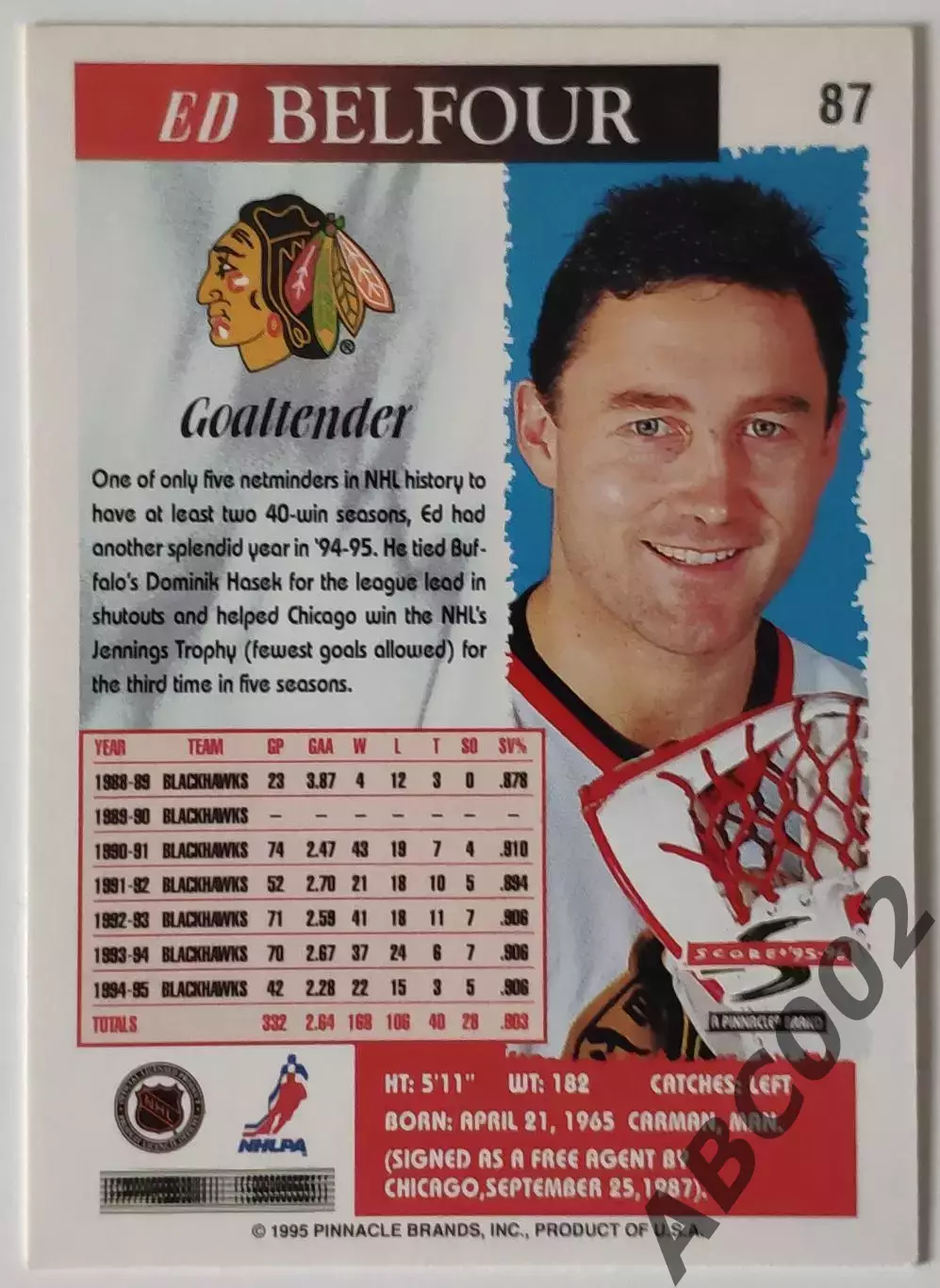 Карточка НХЛ / Ed Belfour / Blackhawks / 95-96 Score 1