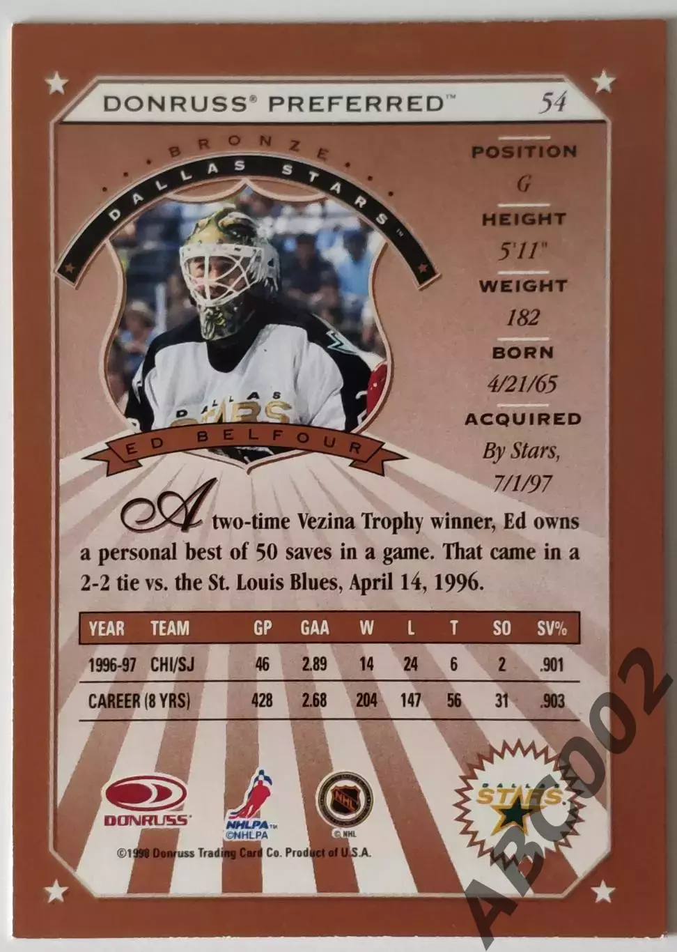 Карточка НХЛ / Ed Belfour / Dallas Stars / Donruss Preferred Bronze 1