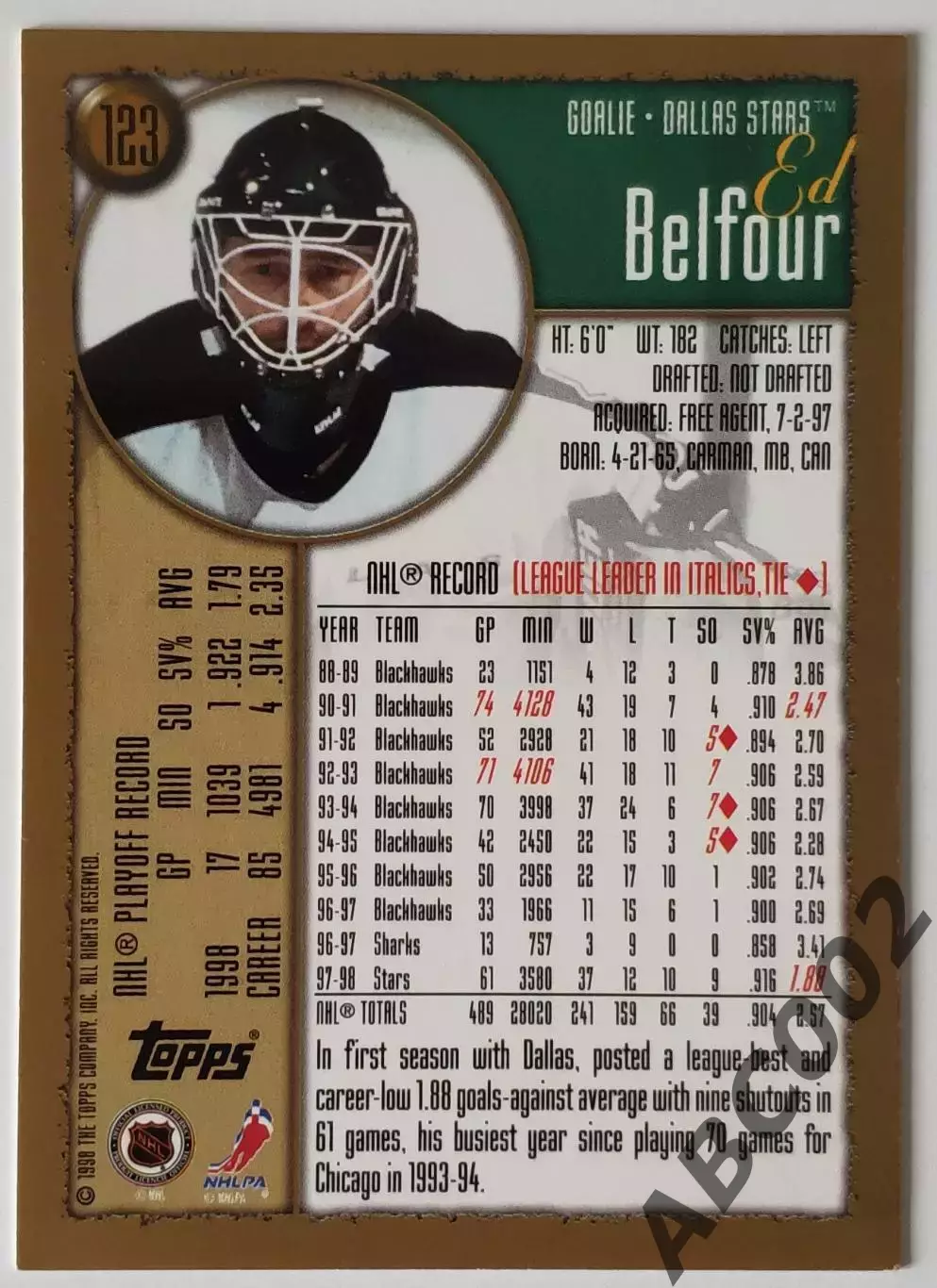 Карточка НХЛ / Ed Belfour / Dallas Stars / Topps 1