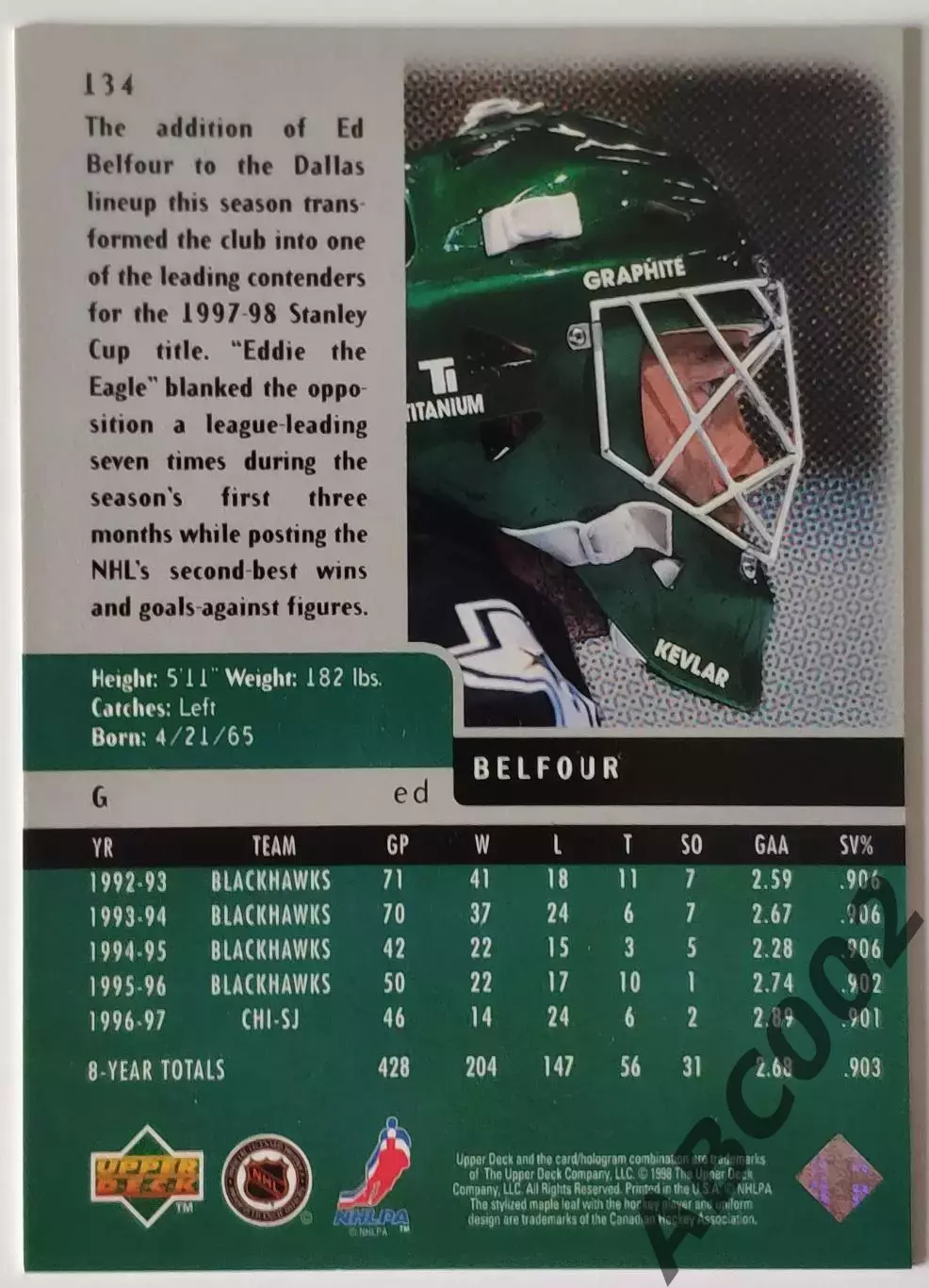 Карточка НХЛ / Ed Belfour / Dallas Stars / Black Diamond 1