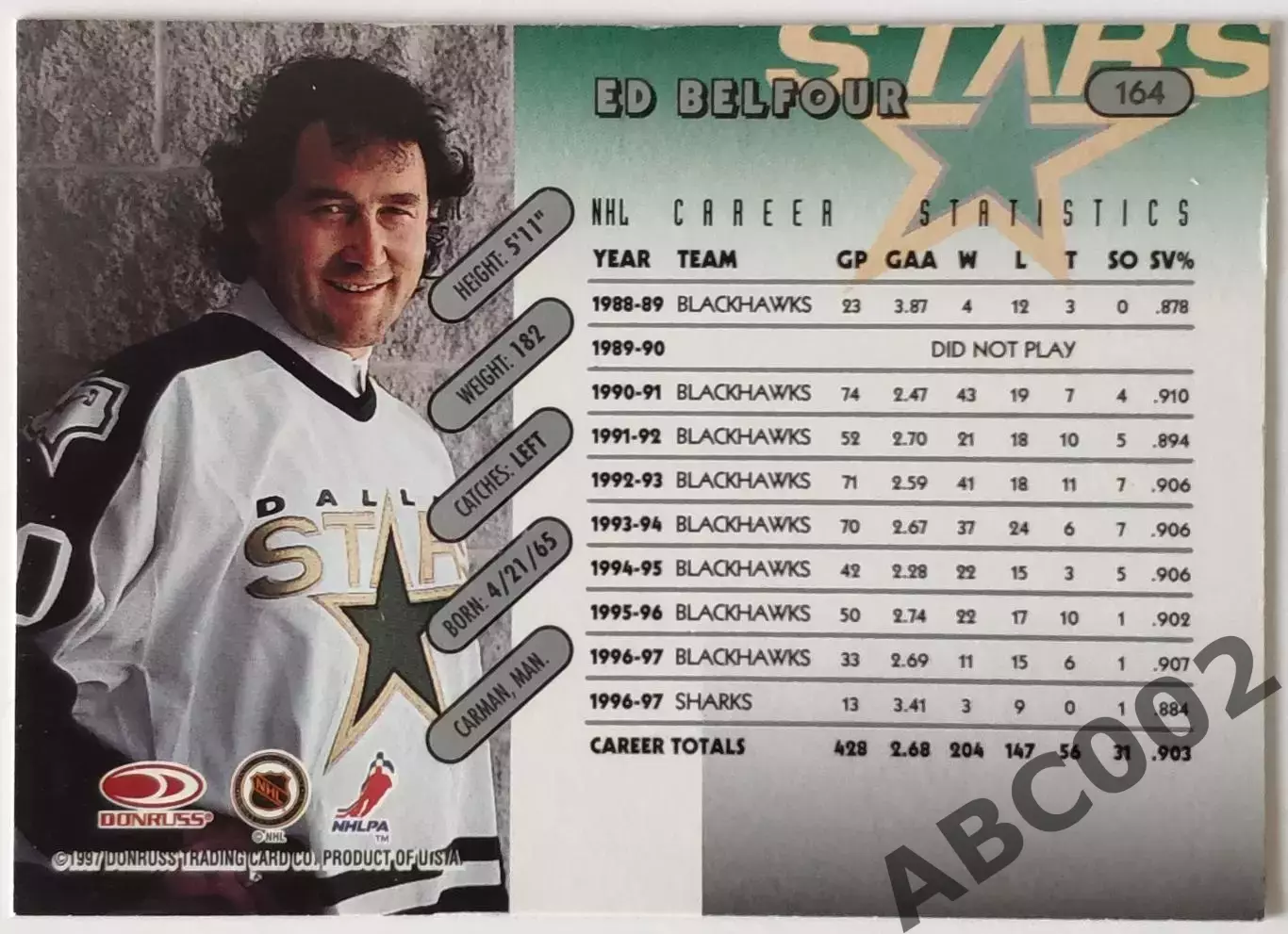 Карточка НХЛ / Ed Belfour / Dallas Stars / Donruss 1