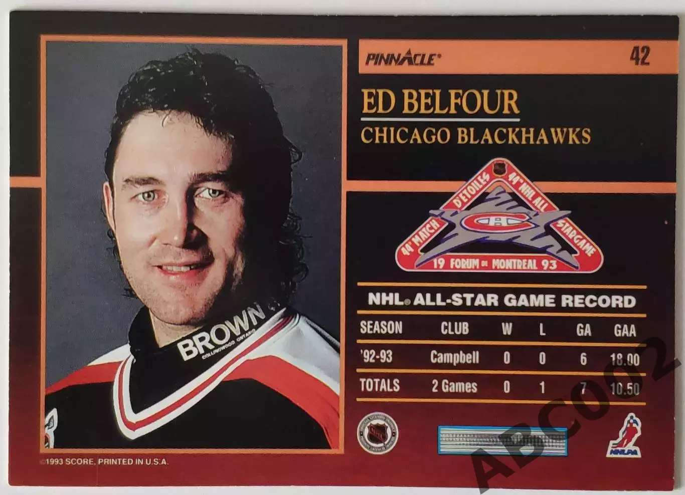 Карточка НХЛ / Ed Belfour / Blackhawks / Pinnacle Score 1