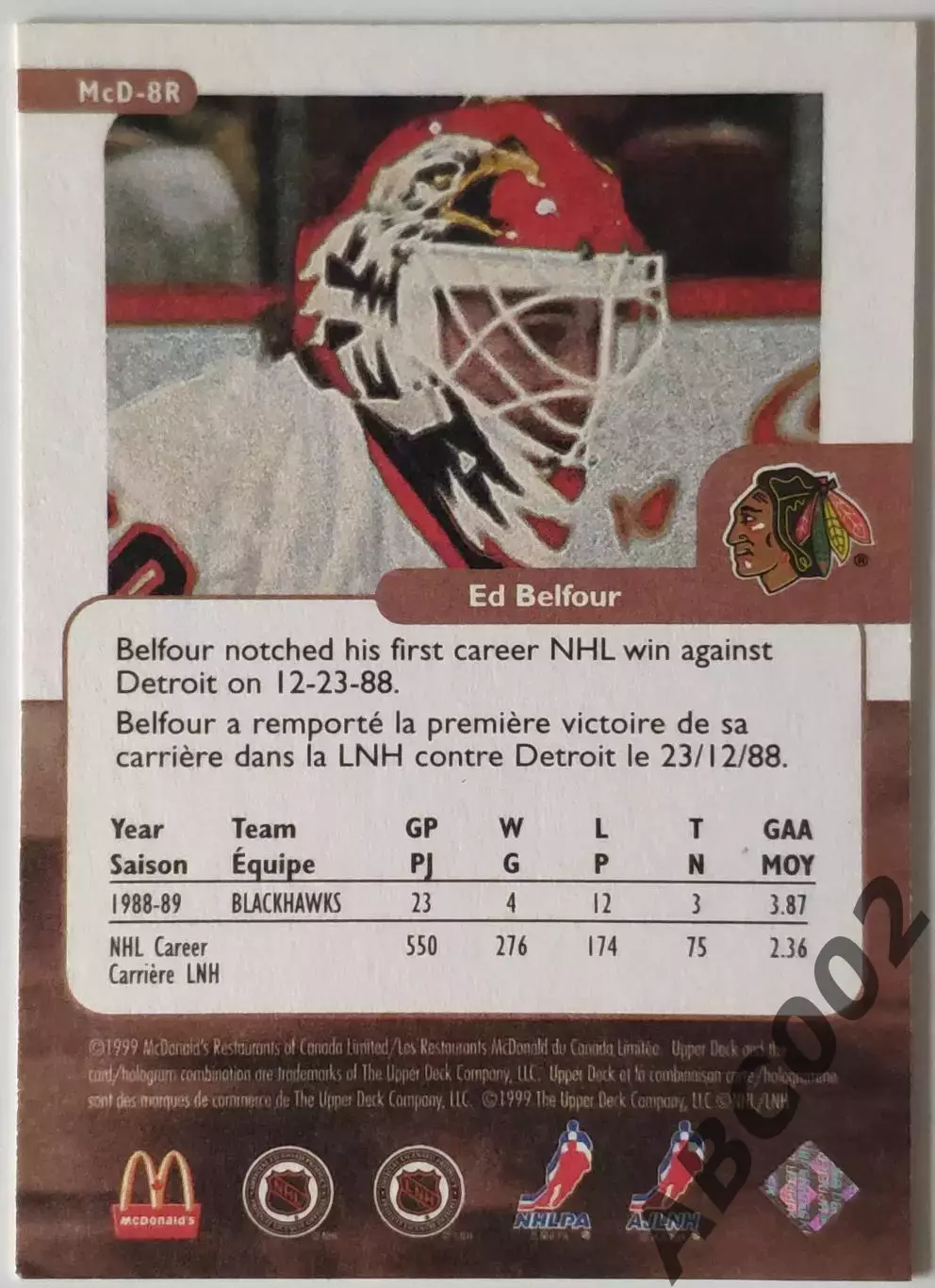 Карточка НХЛ / Ed Belfour / Blackhawks / Retro 1