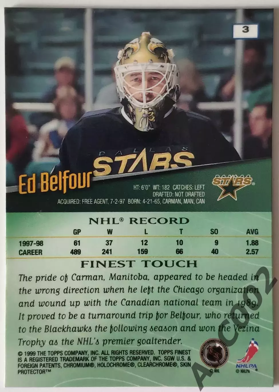 Карточка НХЛ / Ed Belfour / Dallas Stars / Topps Chrome 1