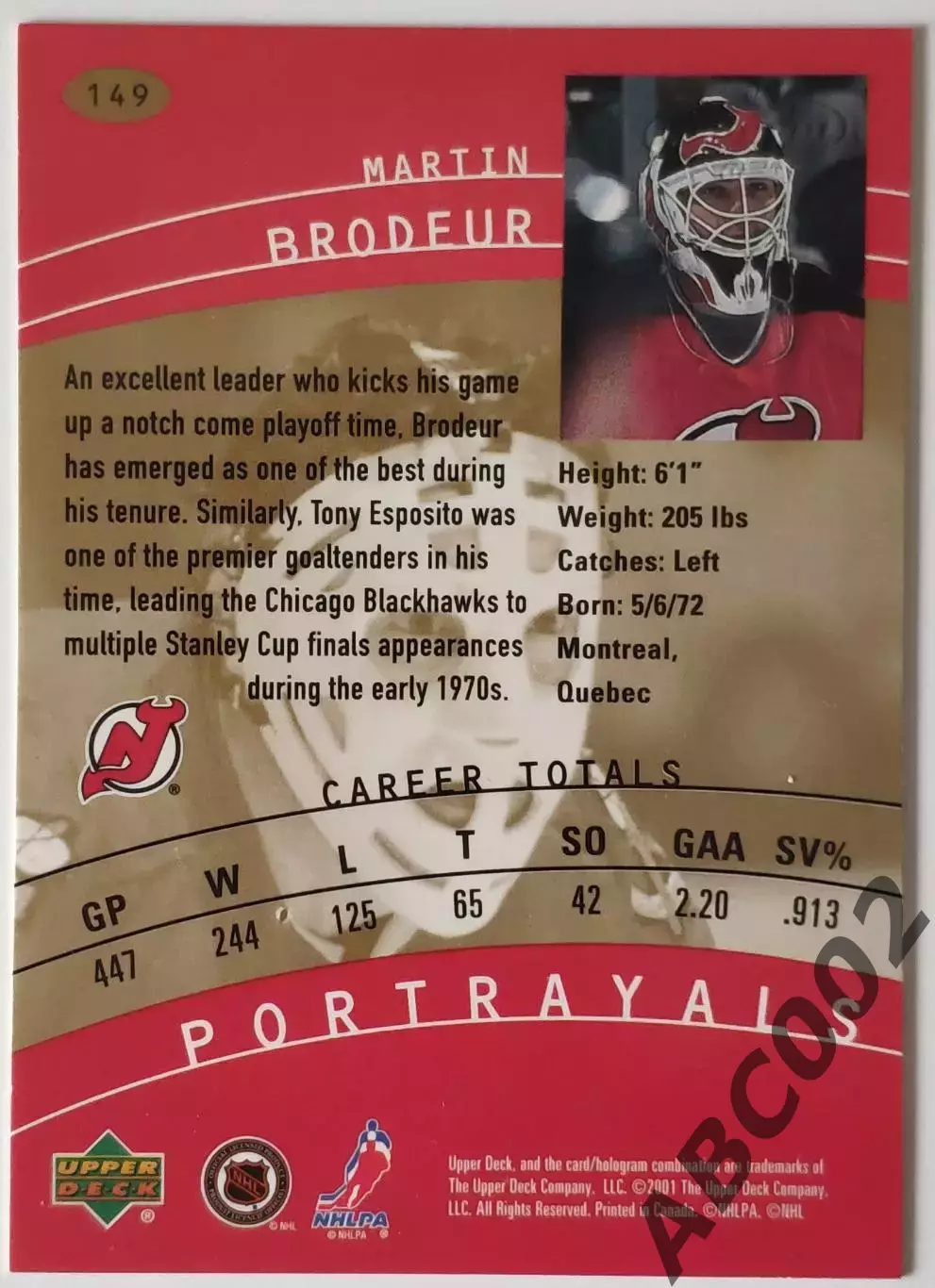 Карточка НХЛ / Martin Brodeur / Devils / Portrayals 1