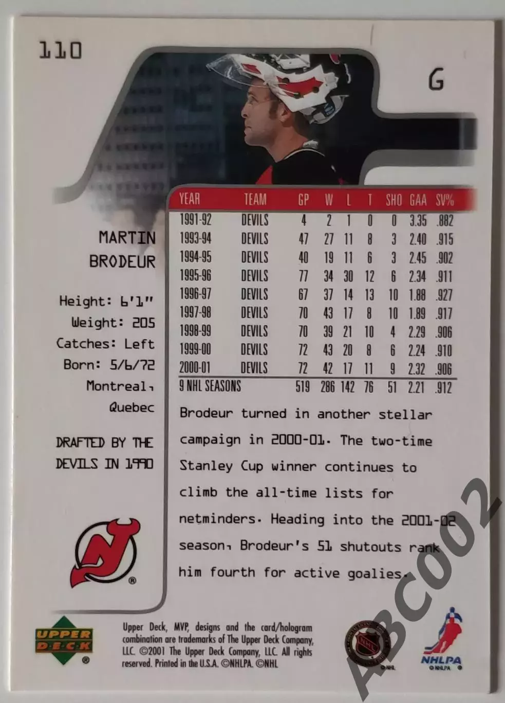 Карточка НХЛ / Martin Brodeur / Devils / MVP 1