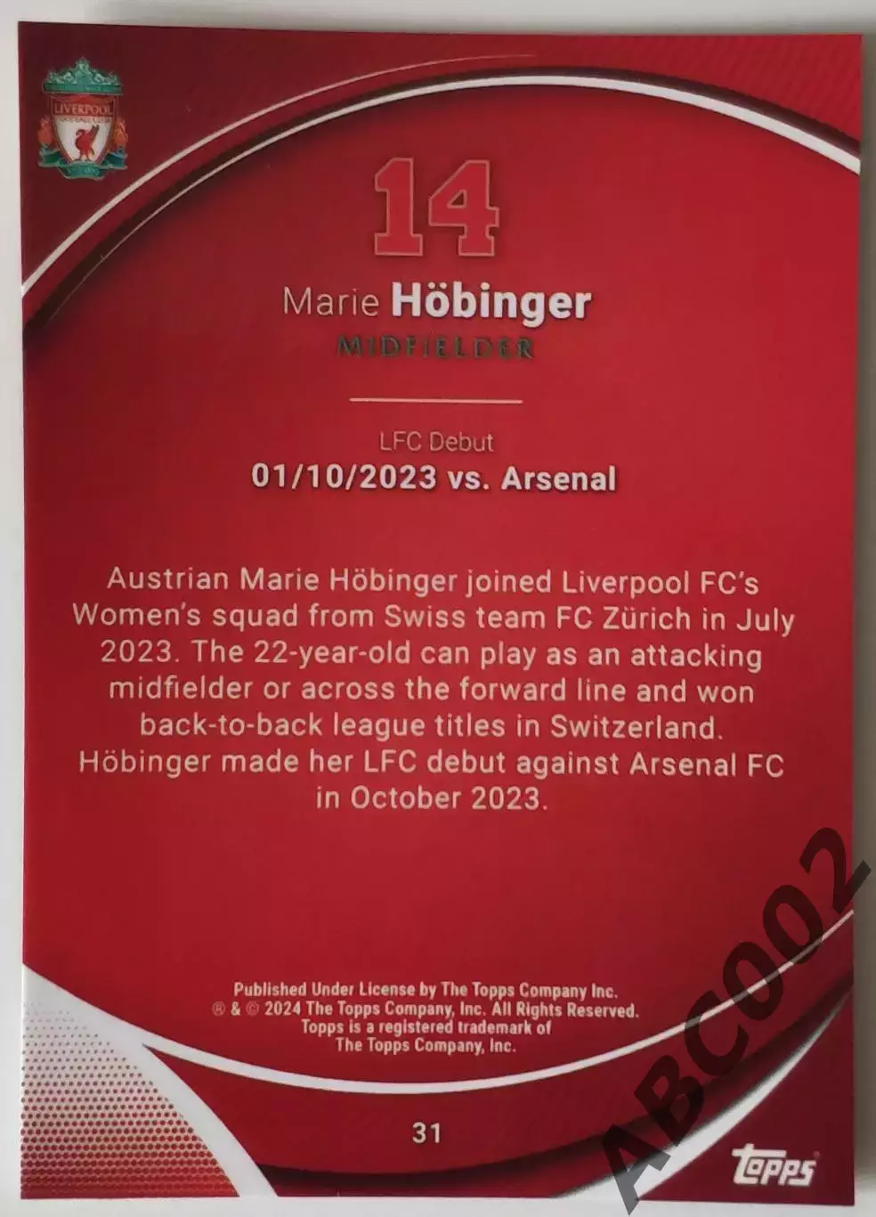 Карточка АПЛ / Marie Hobinger / Liverpool / Topps Chrome 1