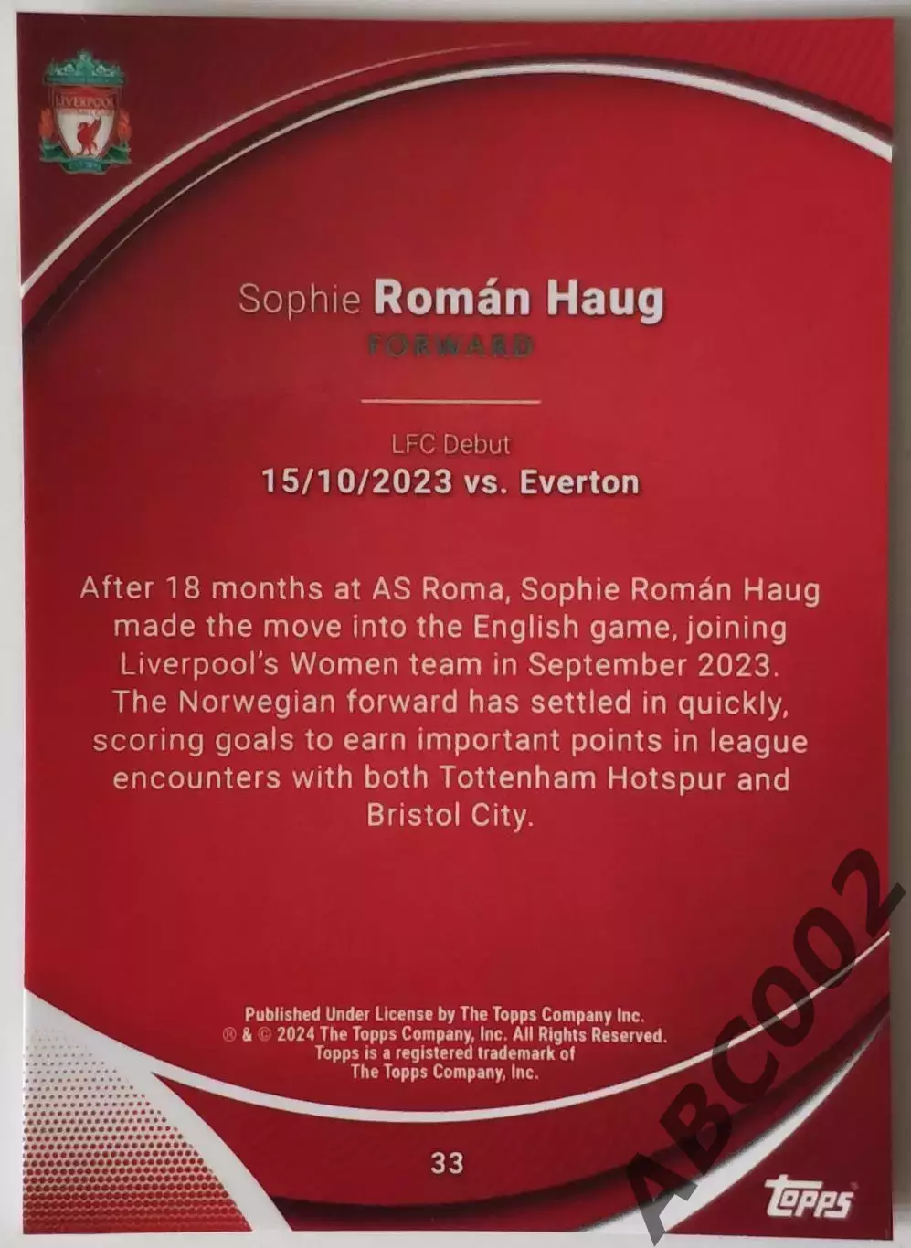 Карточка АПЛ / Sophie Roman Haug / Liverpool / Topps Chrome 1