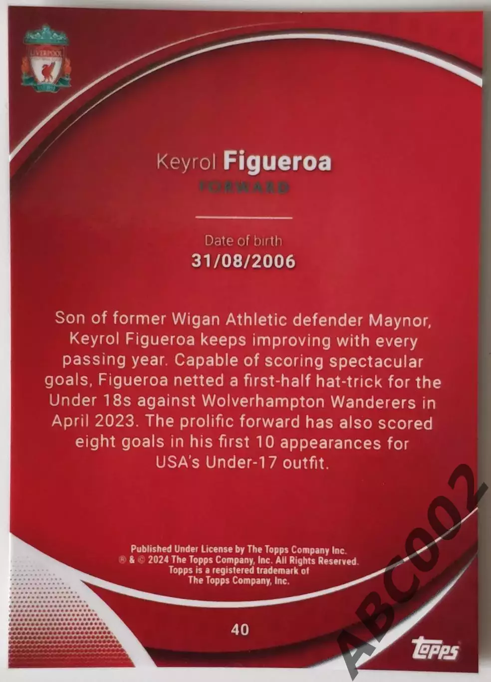 Карточка АПЛ / Keyrol Figueroa/ Liverpool / Topps Chrome 1