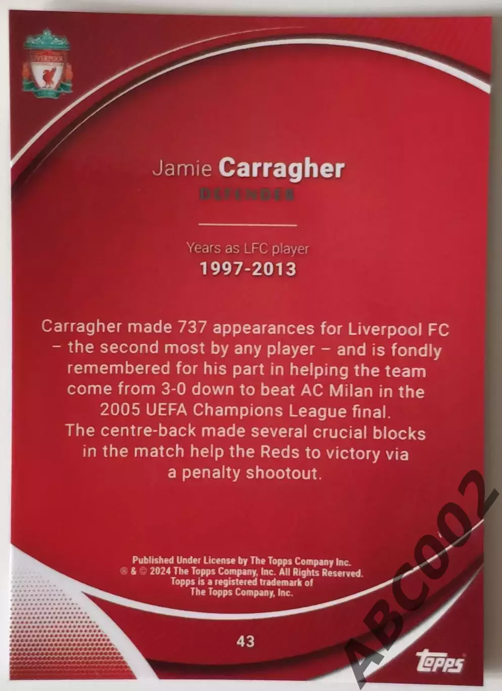 Карточка АПЛ / Jamie Carragher / Liverpool / Topps Chrome 1