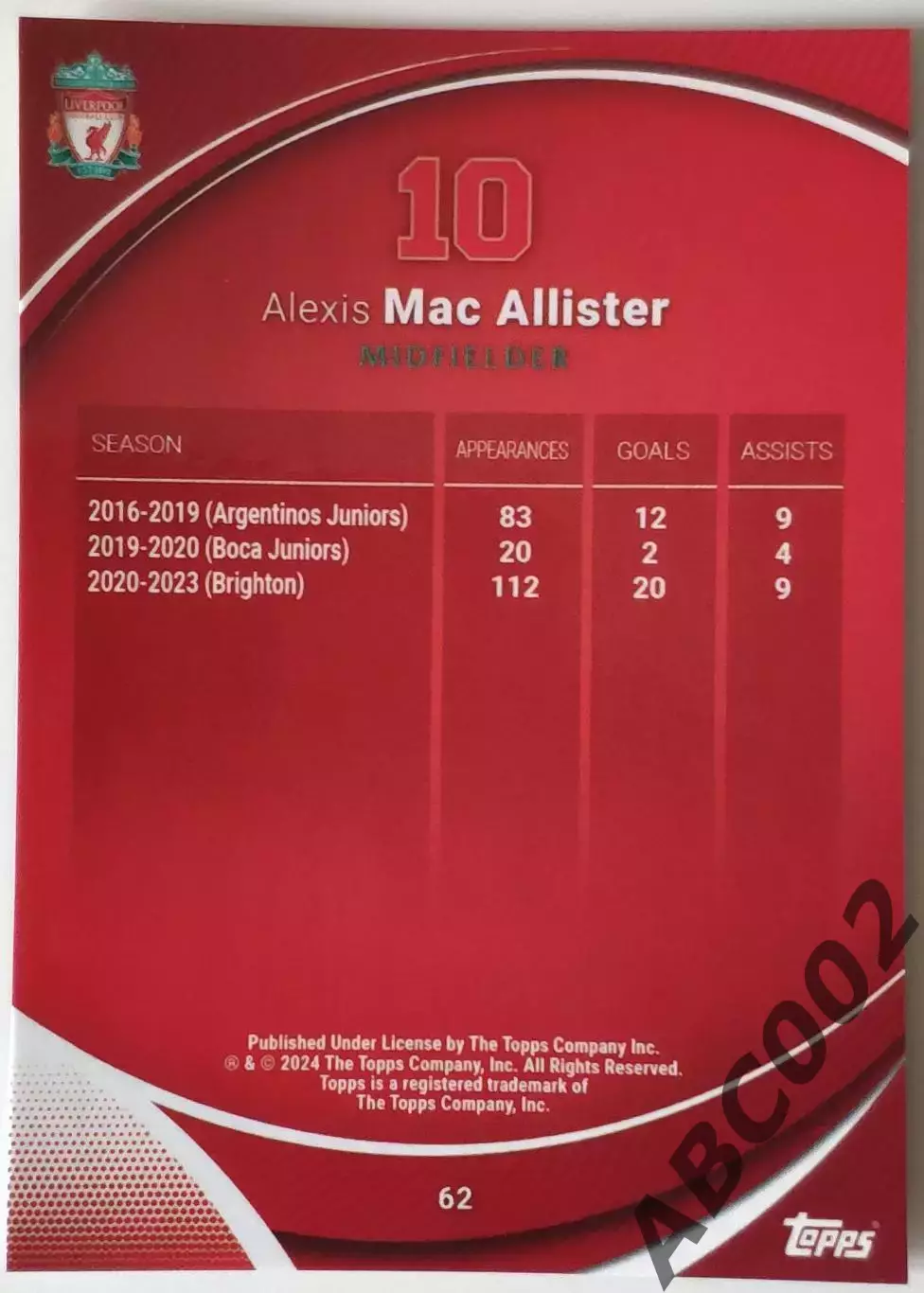 Карточка АПЛ / Alexis Mac Allister / Liverpool / Topps Chrome 1