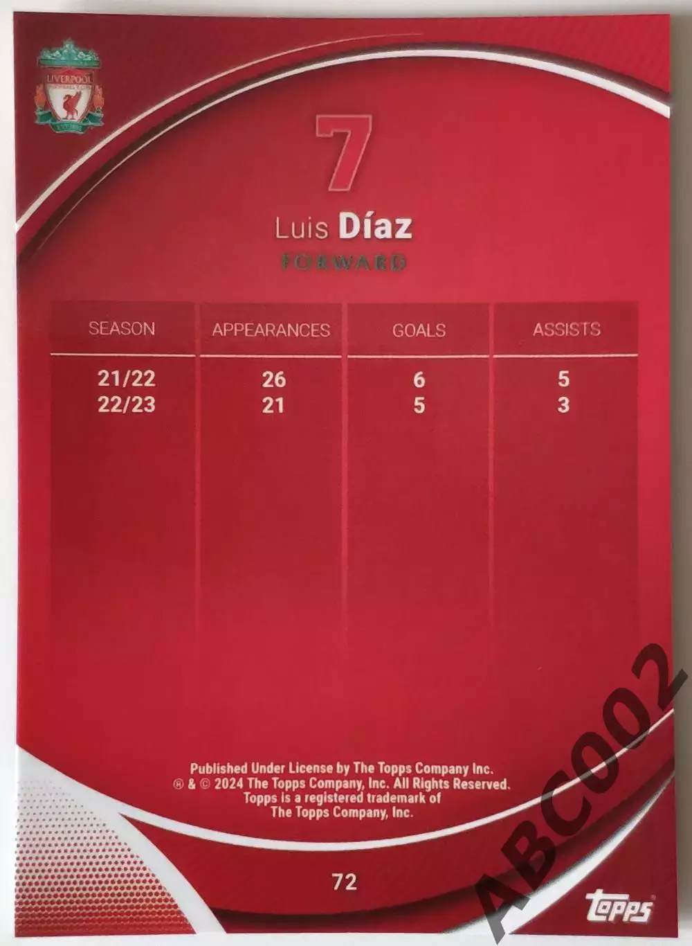 Карточка АПЛ / Luis Diaz / Liverpool / Topps Chrome 1