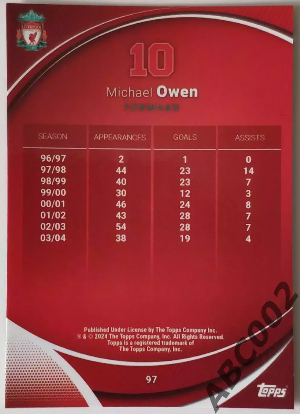 Карточка АПЛ / Michael Owen / Liverpool / Topps Chrome 1