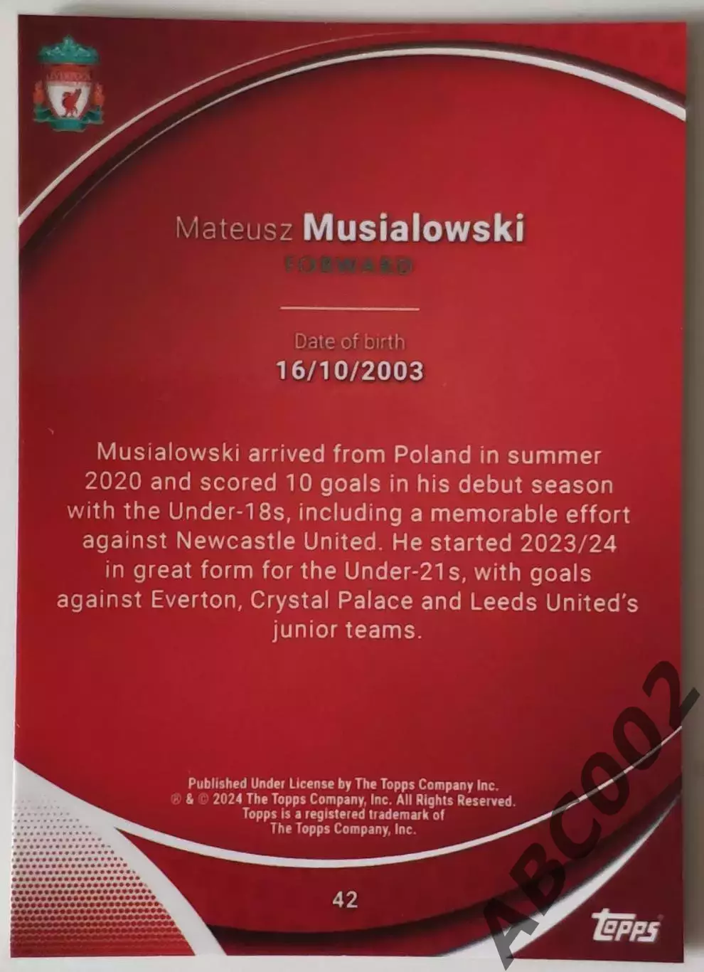 Карточка АПЛ / Mateusz Musialowski / Liverpool / Topps Chrome / X-Factor 1