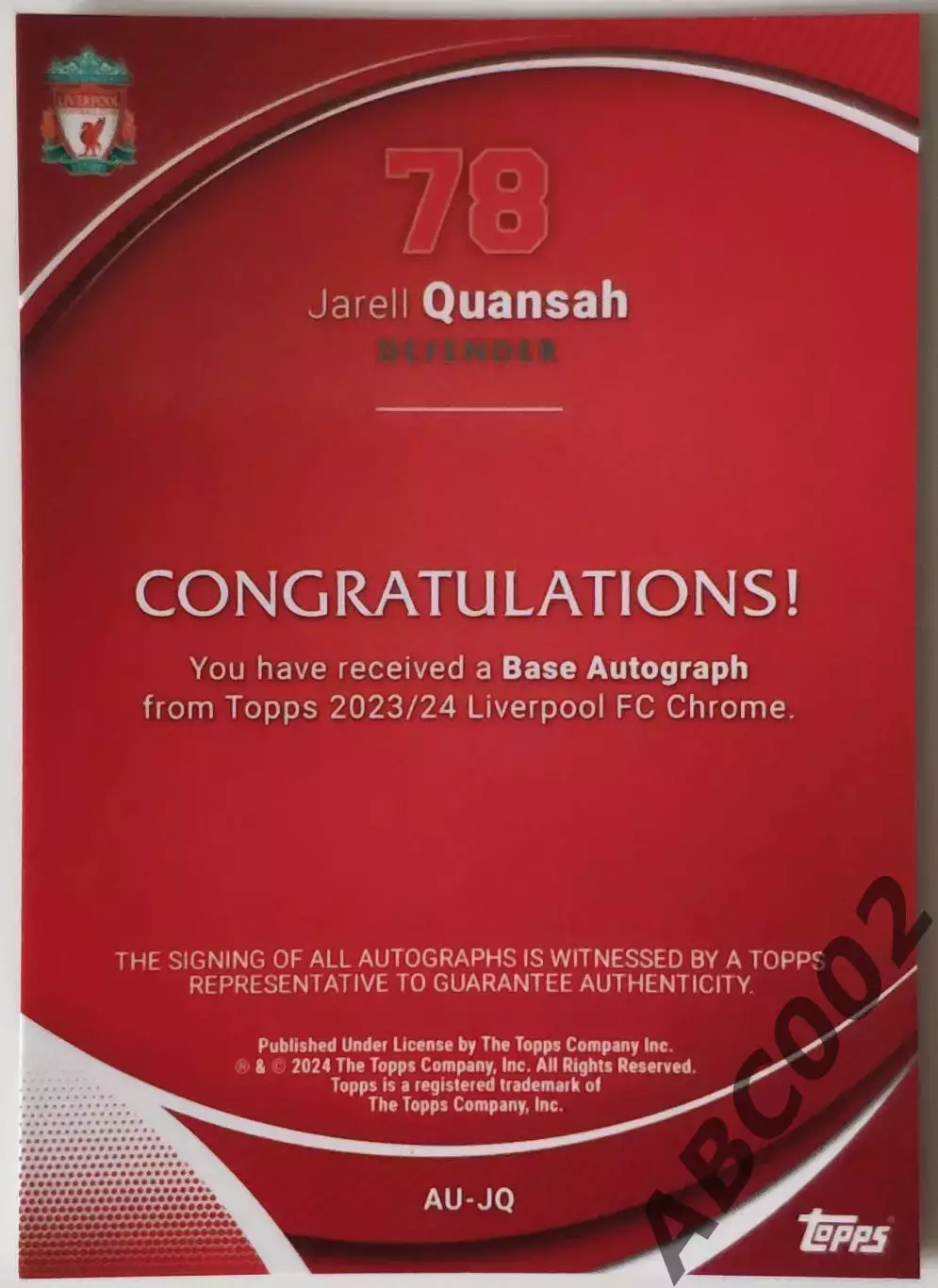 Автограф / Jarell Quansah / Liverpool / Topps Chrome 1