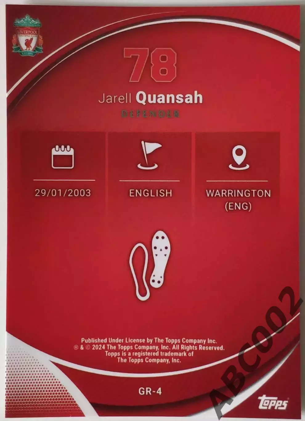 Карточка АПЛ / Jarell Quansah / Liverpool / Topps Chrome / Red Generat 1