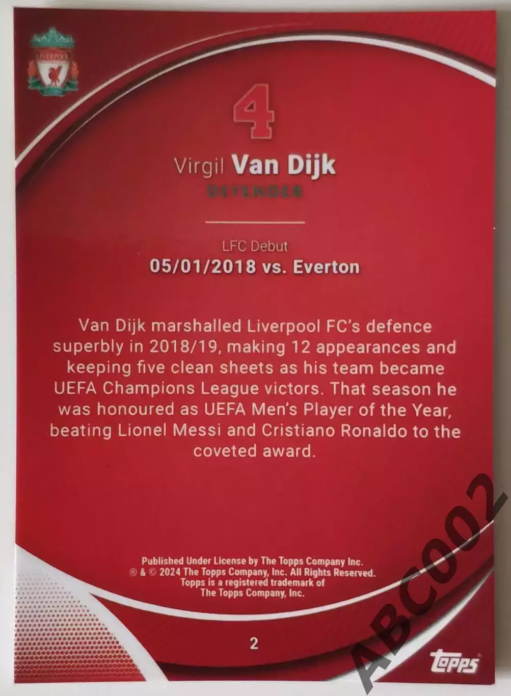 Карточка АПЛ / Virgil Van Dijk / Liverpool / Topps Chrome 1