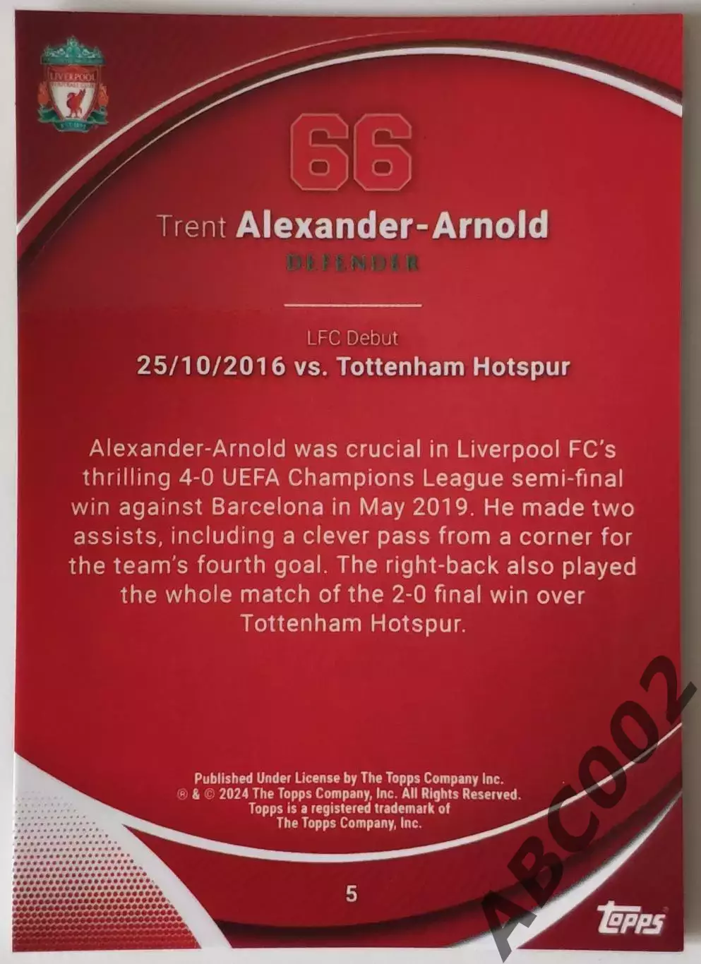 Карточка АПЛ / Trent Alexander-Arnold / Liverpool / Topps Chrome 1