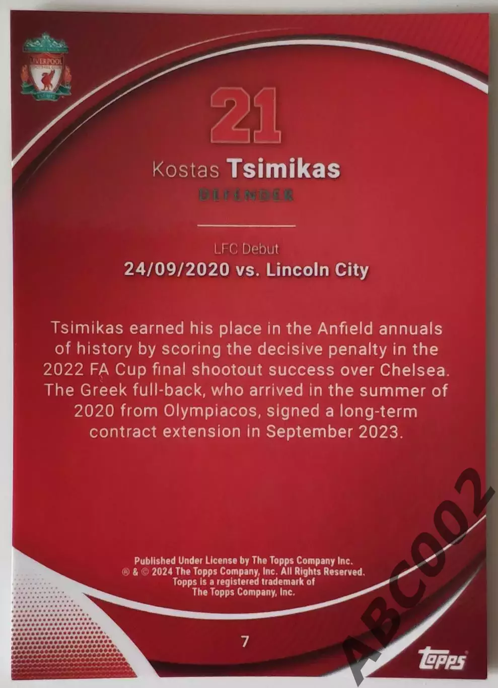 Карточка АПЛ / Kostas Tsimikas / Liverpool / Topps Chrome 1