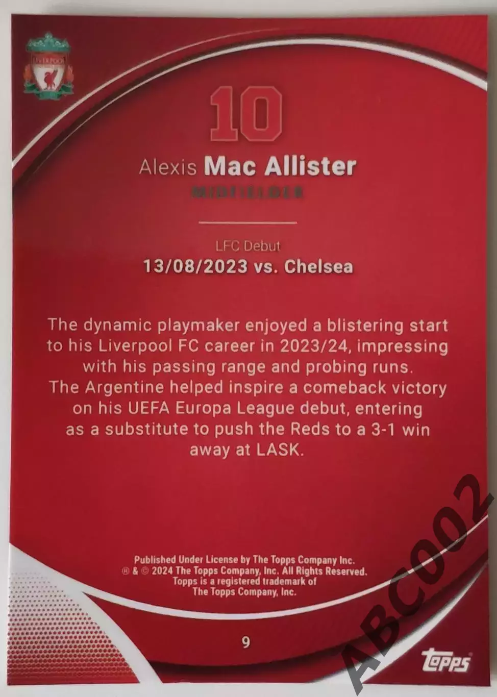 Карточка АПЛ / Alexis Mac Allister / Liverpool / Topps Chrome 1
