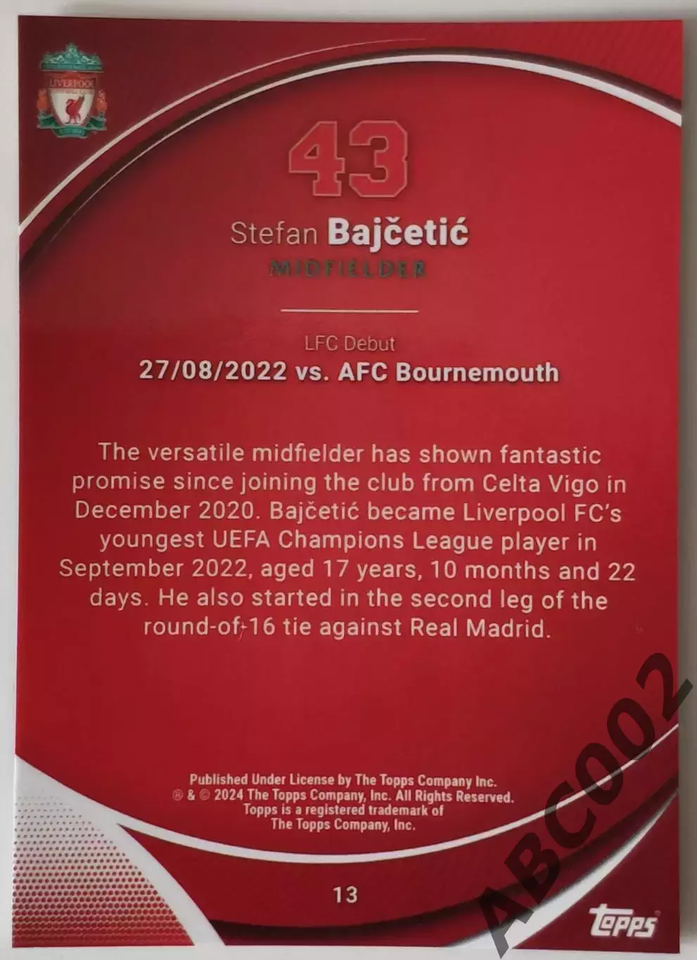 Карточка АПЛ / Stefan Bajcetic / Liverpool / Topps Chrome 1